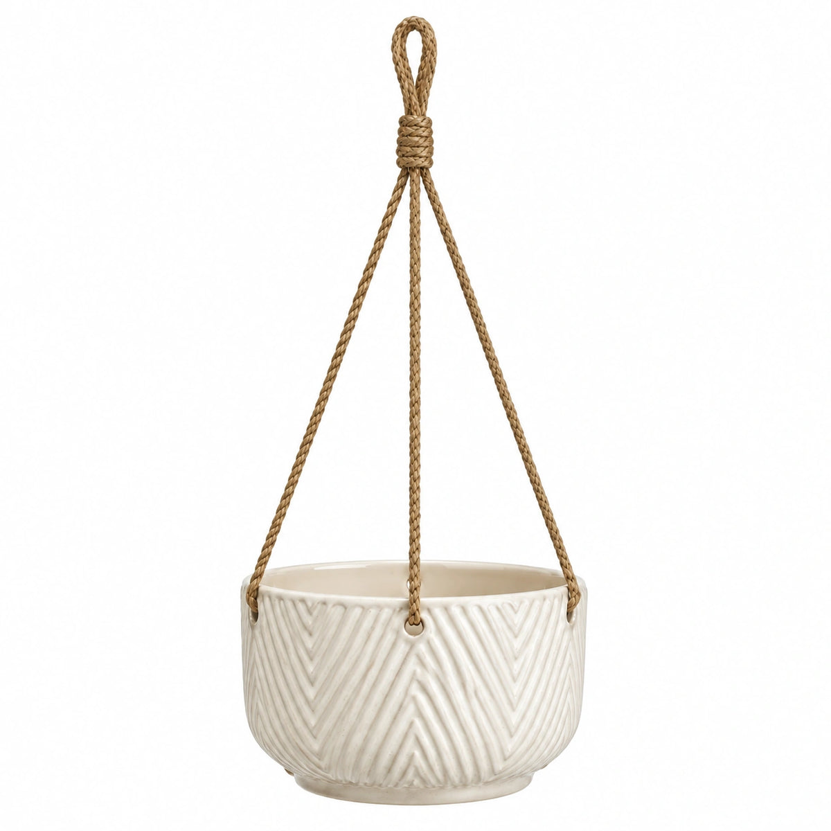 Hängeblumentopf 16 cm Keramik Creme mit Seil im Flechtstil