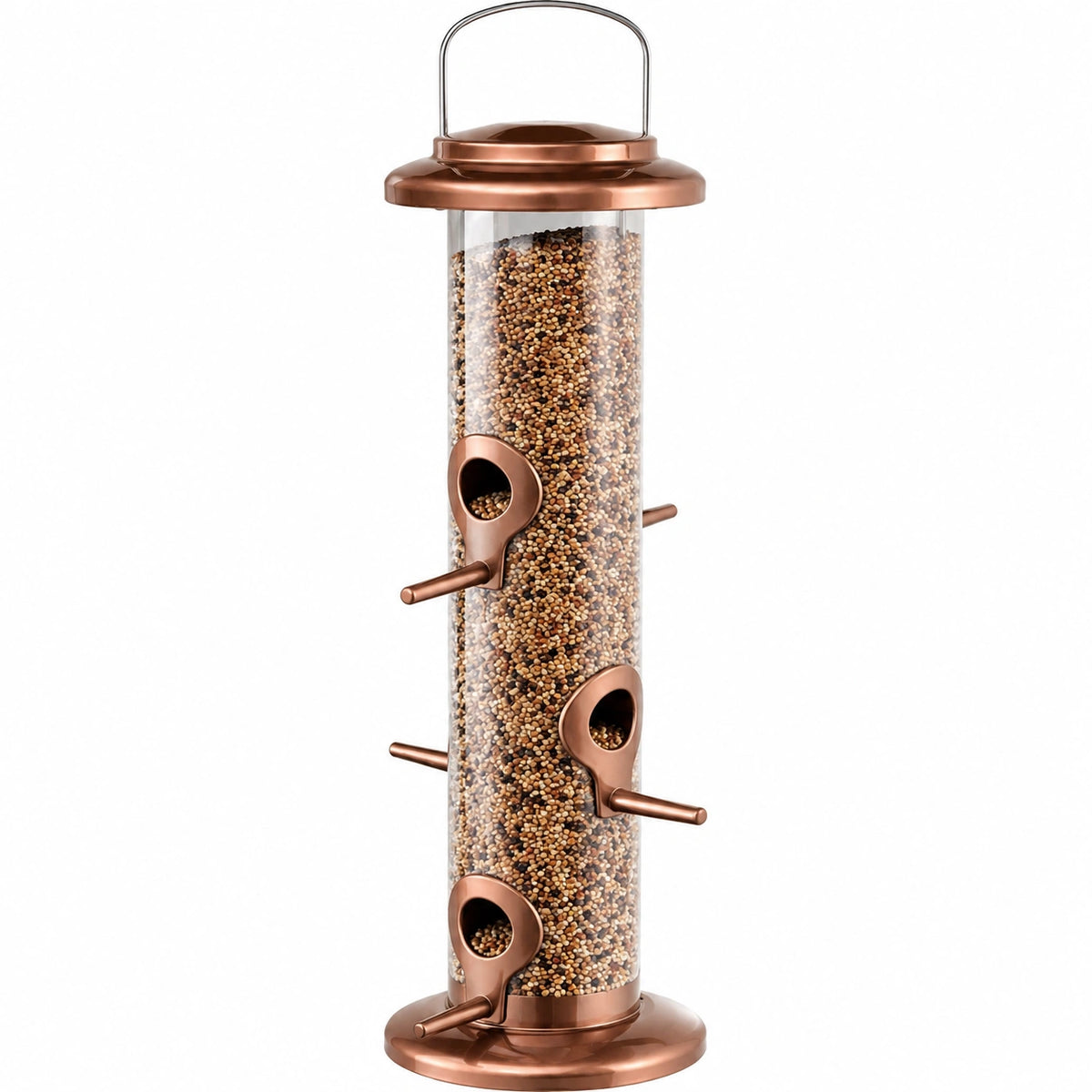 Vogelfutterspender 18 x 45 cm aus Metall und transparentem Kunststoff in Kupferfarben - hängend für Wildvögel