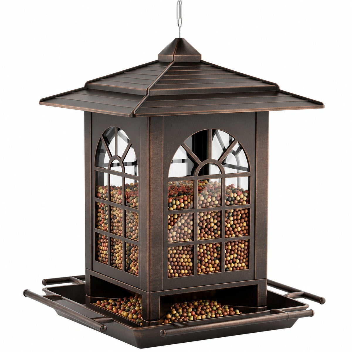 Vogelfutterhaus 30 x 30 x 38 cm aus Metall Bronze zum Aufhängen mit Futterschale