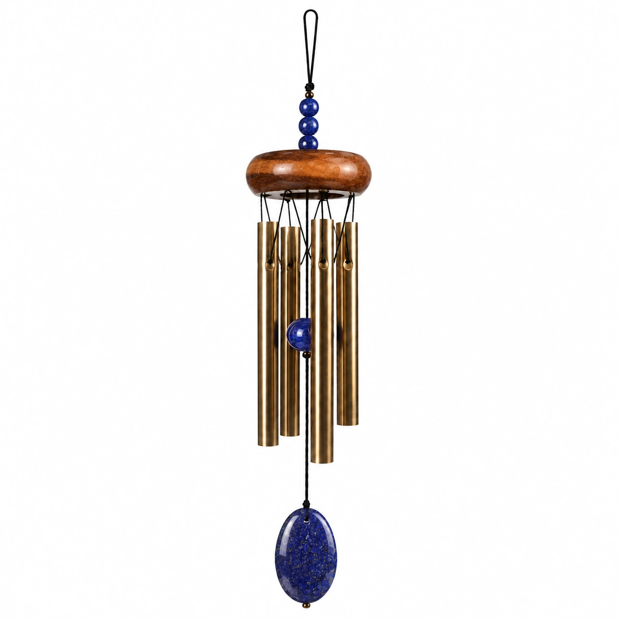 Windspiel 80 cm aus Holz und Metall in Braun Blau mit Klangröhren