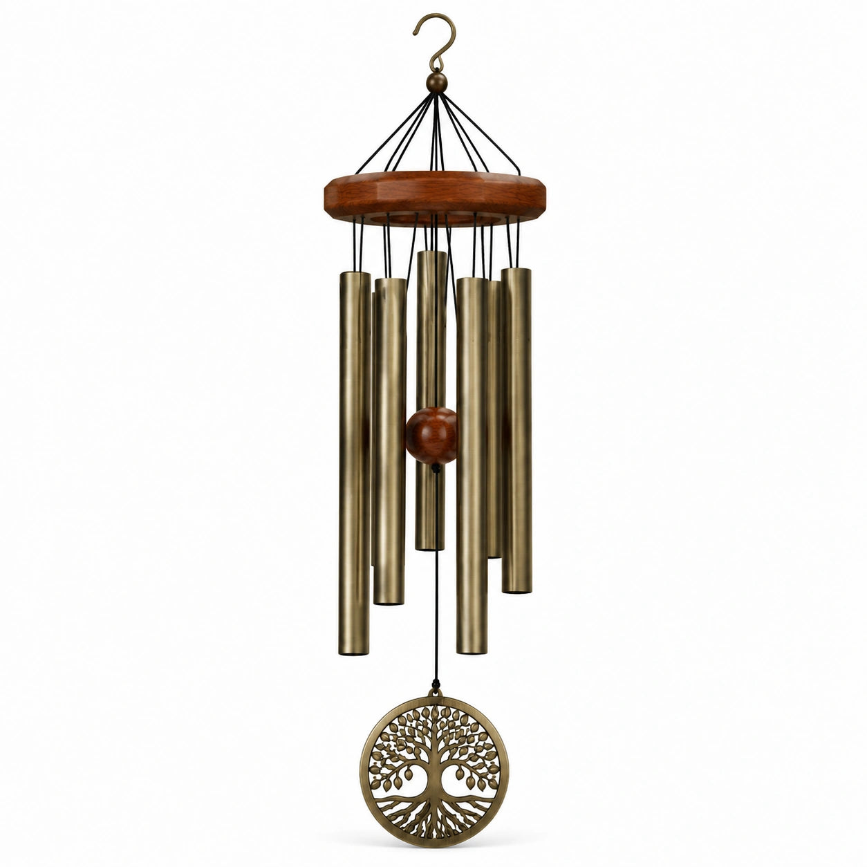 Windspiel 90 cm Metall Holz Braun Messingfarben mit Anhänger für Innen und Außen