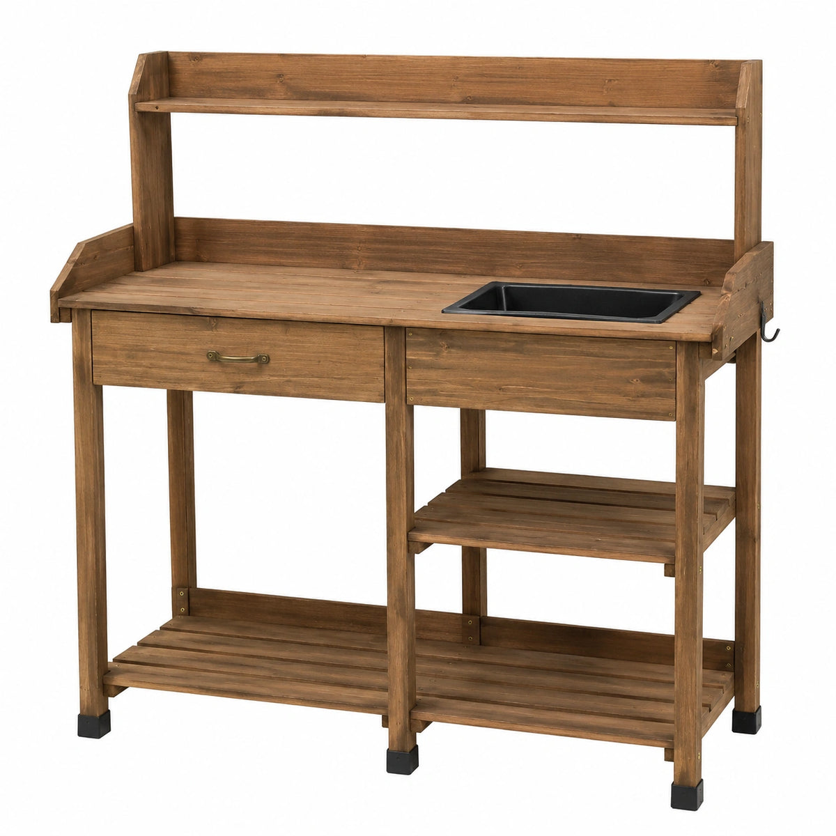 Gartenarbeitstisch 117 x 45 x 160 cm aus Holz braun mit Pflanzwanne und Ablagen