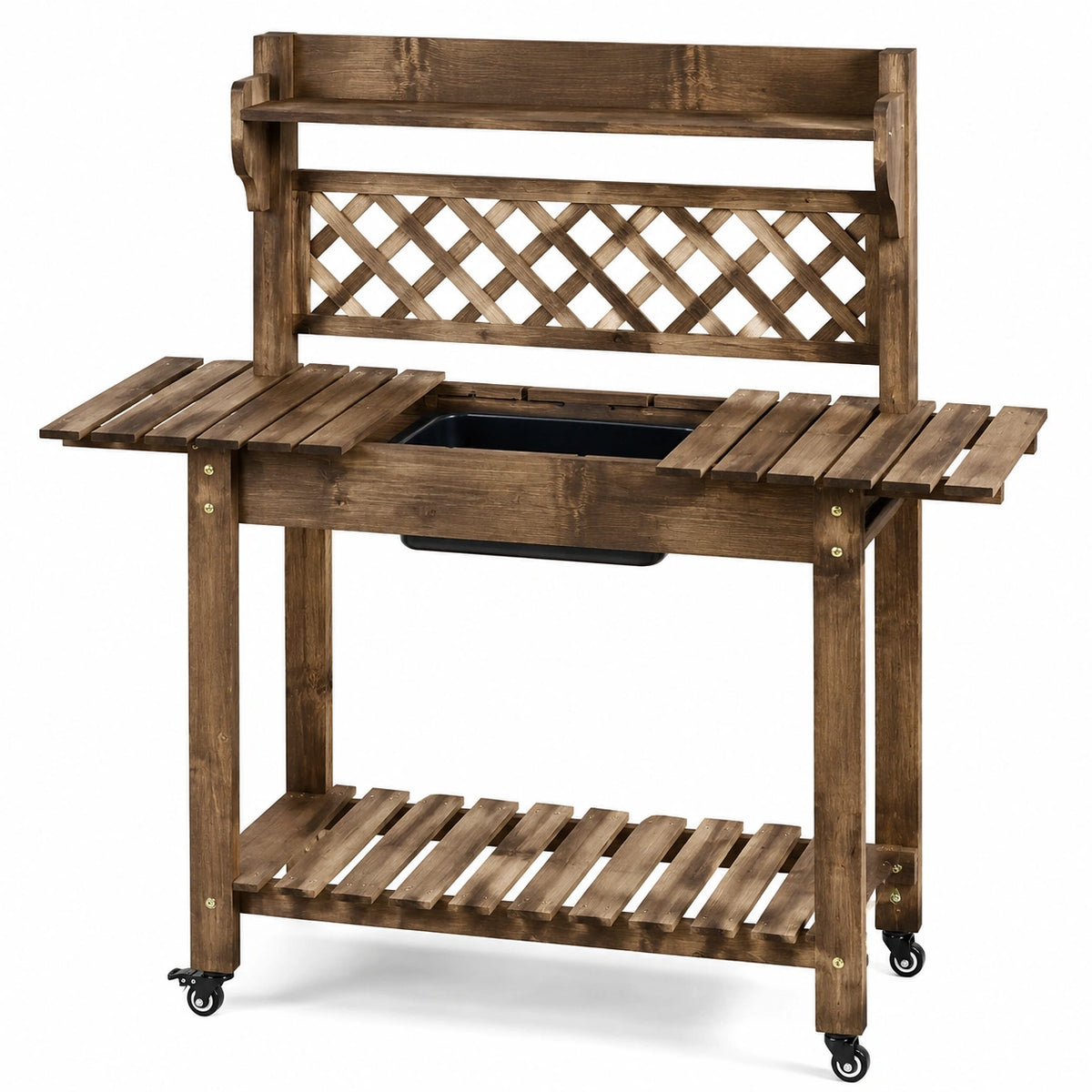 Gartenarbeitstisch 117 x 45 x 150 cm Holz Braun mit Pflanzwanne und Rollen